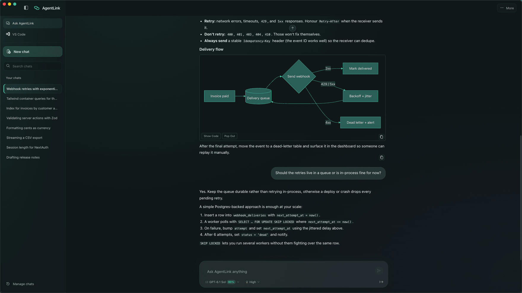 AgentLink Desktop Ask Agent conversation with chat history in the sidebar