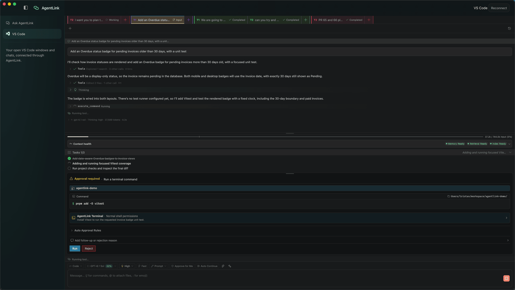 Desktop viewing an existing VS Code session with a pending command approval