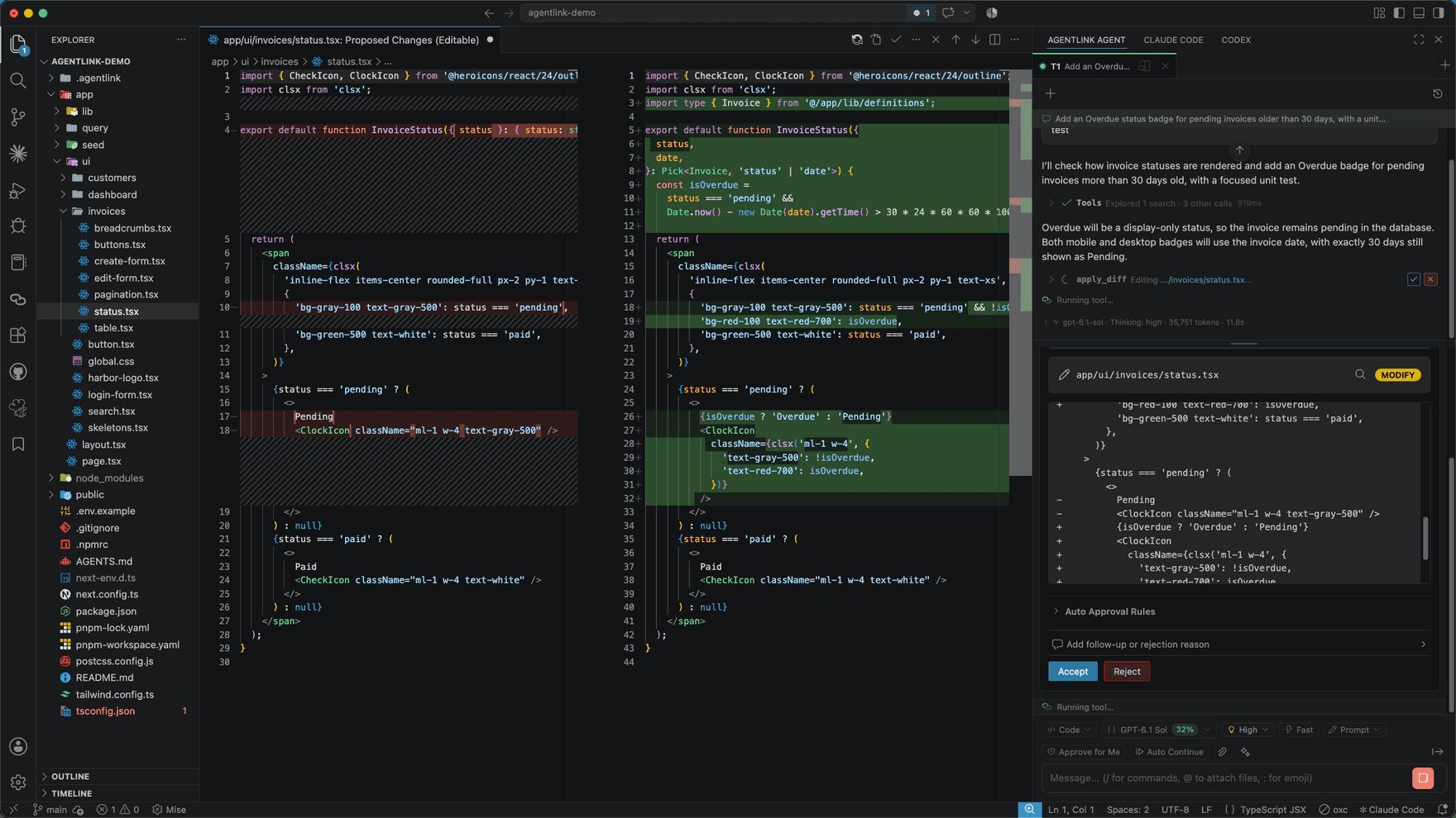 AgentLink in VS Code proposing an Overdue invoice badge, with a native side-by-side diff and Accept/Reject card